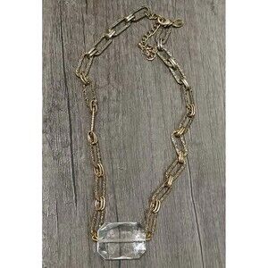 Jackie Blue Large Emerald Cut Glass Crystal Textured Antique Gold Tone Necklace